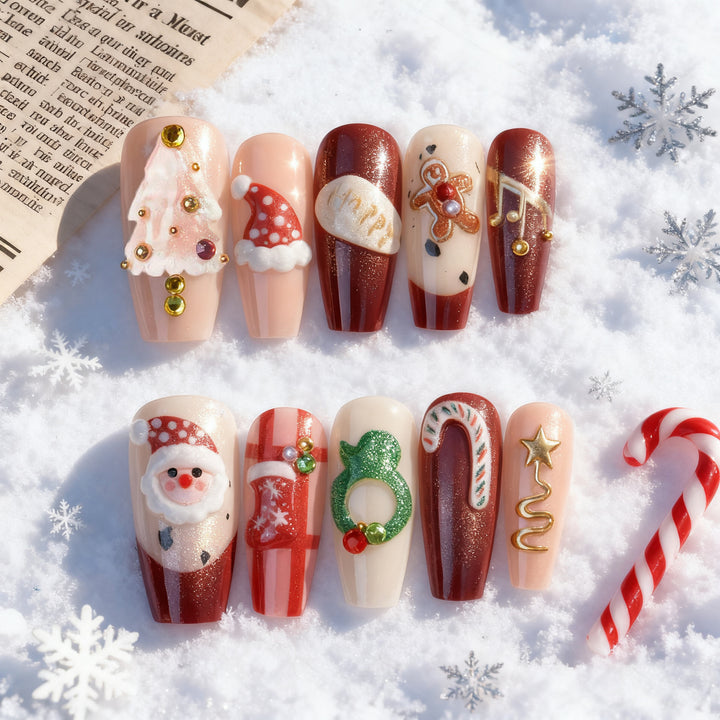 Holiday-Themed Press-On Nail Art Set with Festive Icons