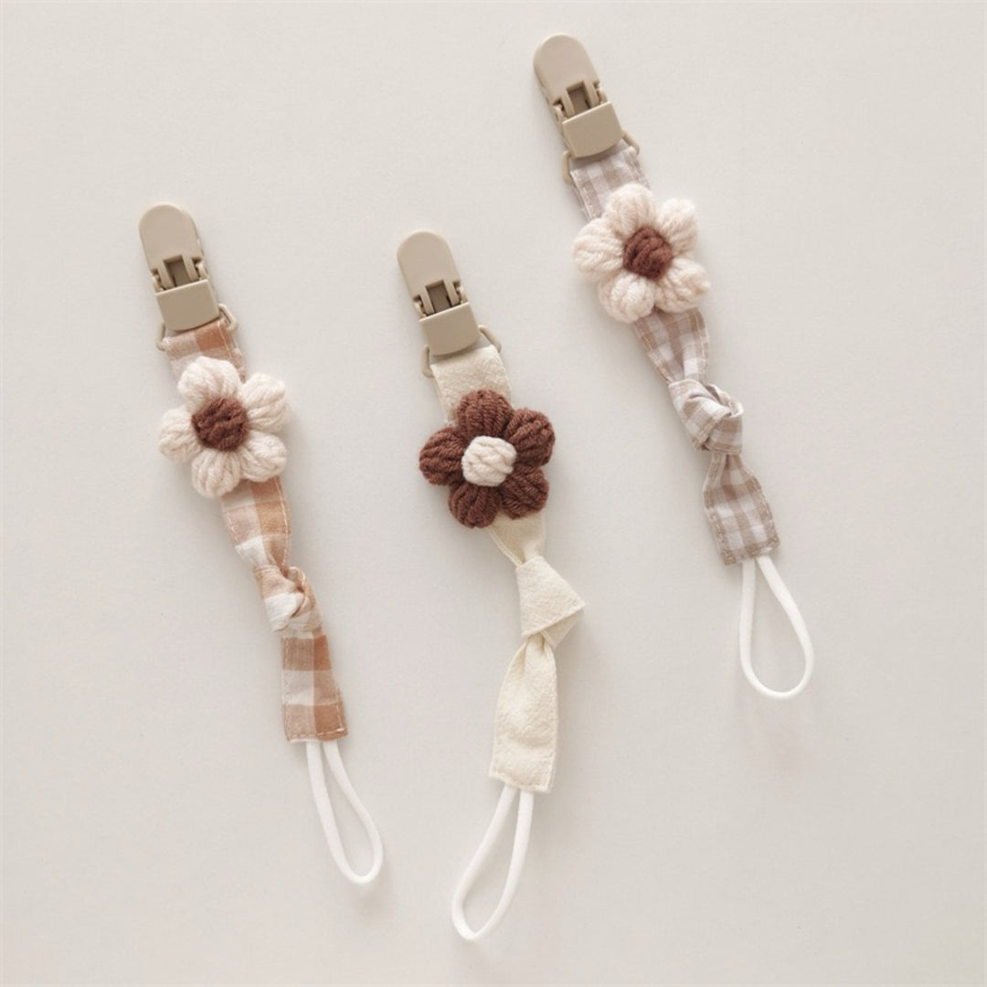 Organic Cotton Pacifier Leash with Quick-Release Clip and Hand-Knit Flower