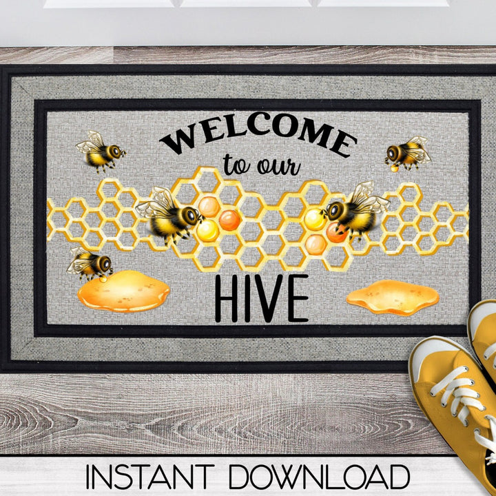 Decorative Bee Hive Welcome Indoor Outdoor Low-Profile Doormat With Non-Slip Rubber Backing