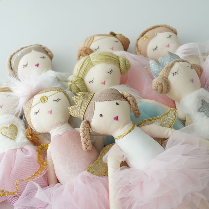 Handmade Plush Princess Rag Doll with Tulle Skirt and Long Striped Legs