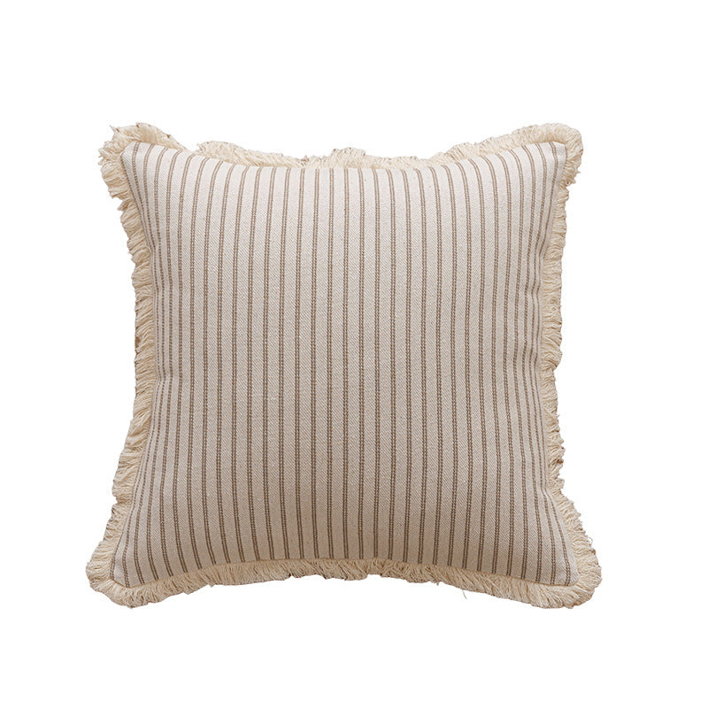 Square Striped Canvas Throw Pillow with Natural Fringe Trim