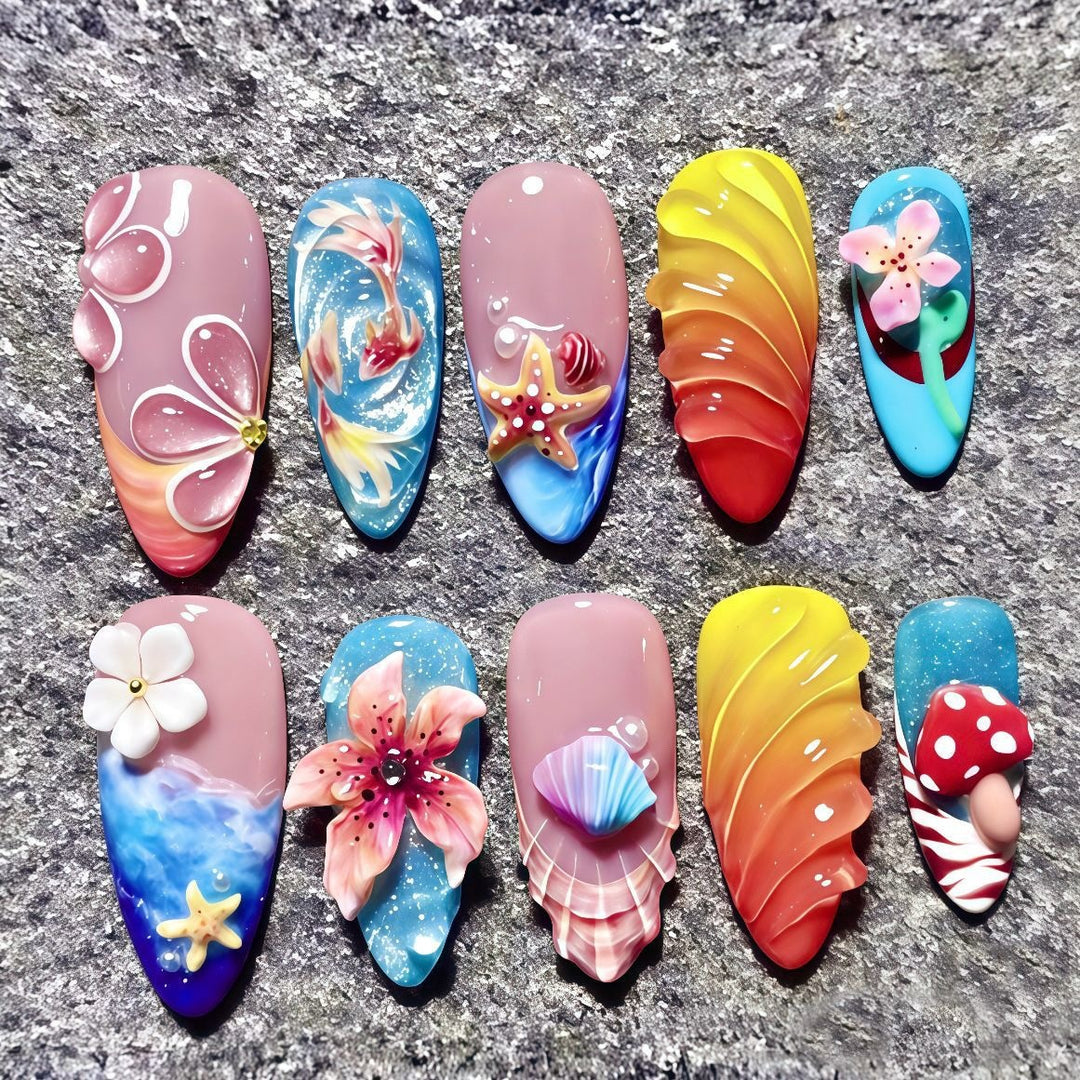 Artificial nail set with floral designs and glittering accents Kalsten