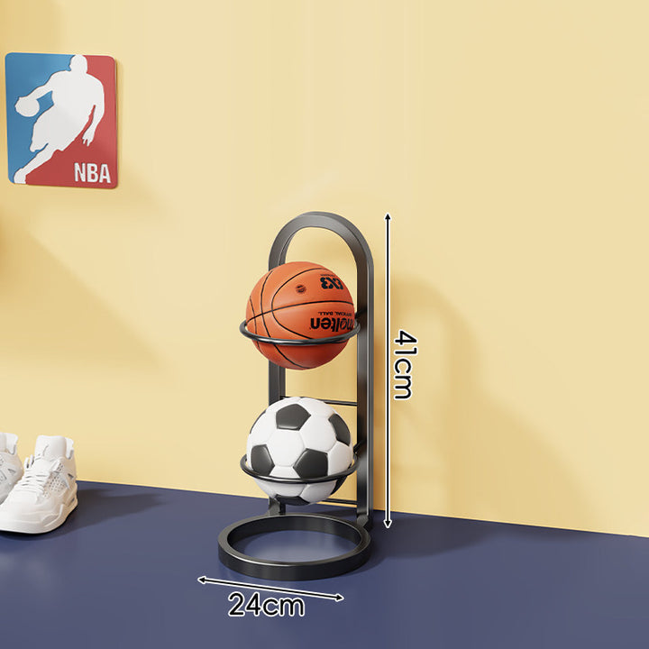Vertical Sports Ball Storage Rack with Four Hoop Holders and Slim Metal Frame