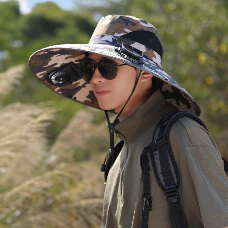 Wide-brimmed outdoor sun hat with solar-powered micro fan, breathable mesh and adjustable chin strap Kalsten