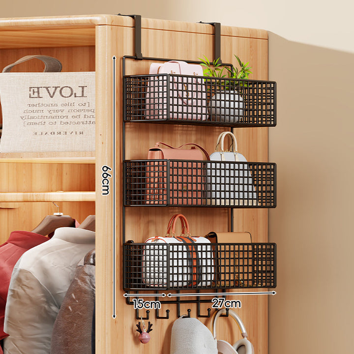 Over-Door Four-Tier Metal Mesh Hanging Storage Organizer with Integrated Hooks