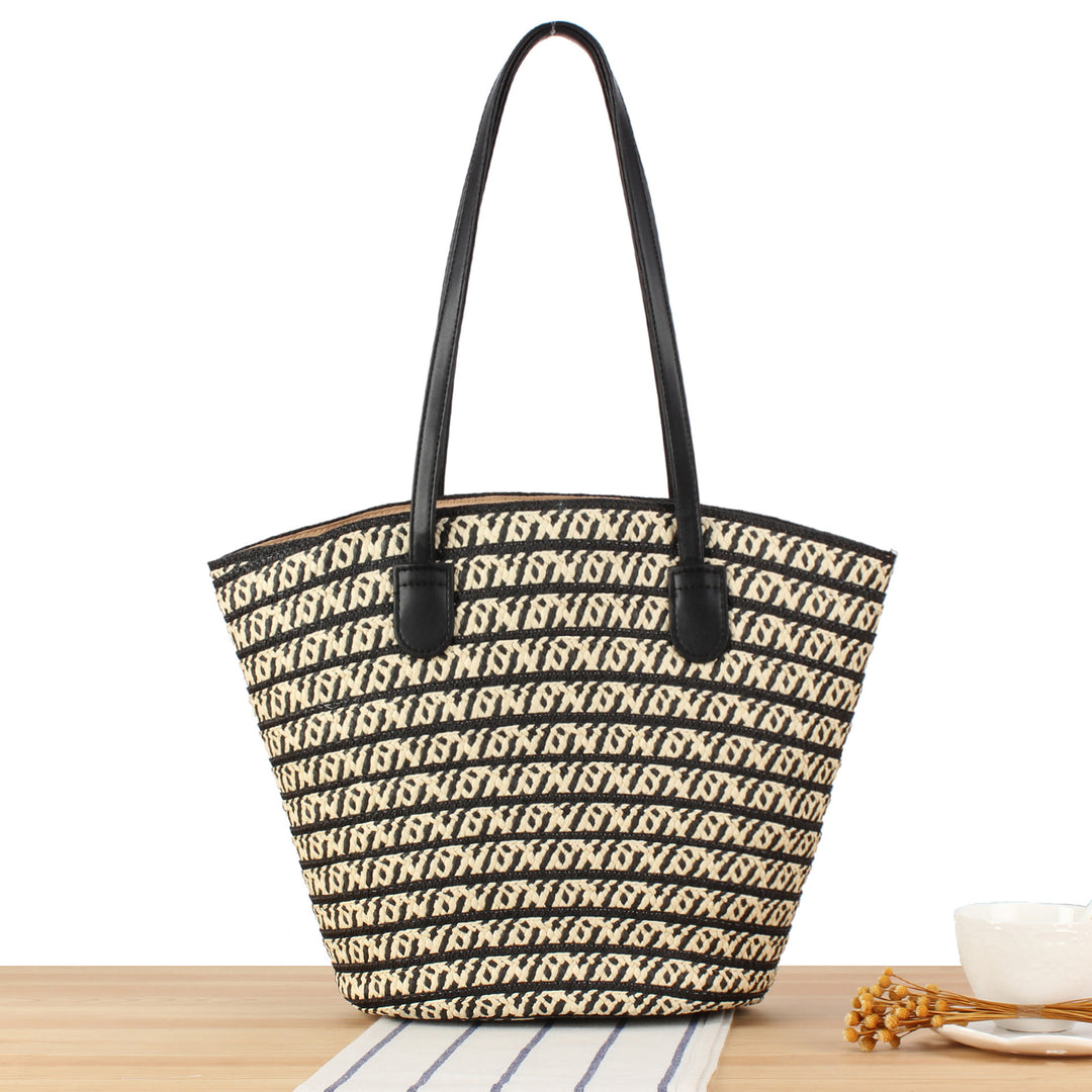Designer straw bag with contrasting pattern and elegant leather handles Kalsten