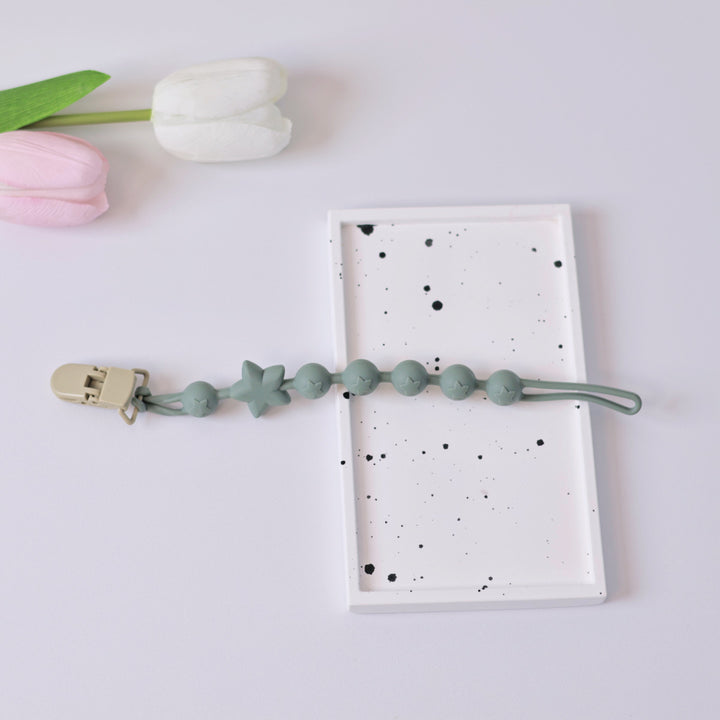 Silicone Star-Bead Pacifier and Teether Clip with Wooden Safety Clamp