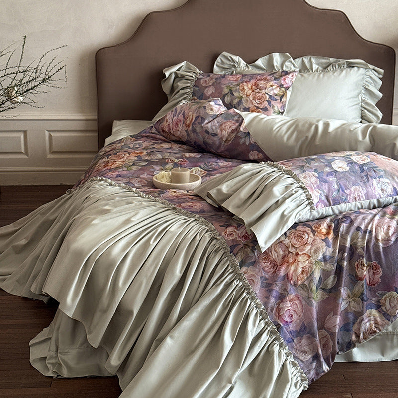 Bedding set made of cotton satin with lavish frills and floral watercolor print