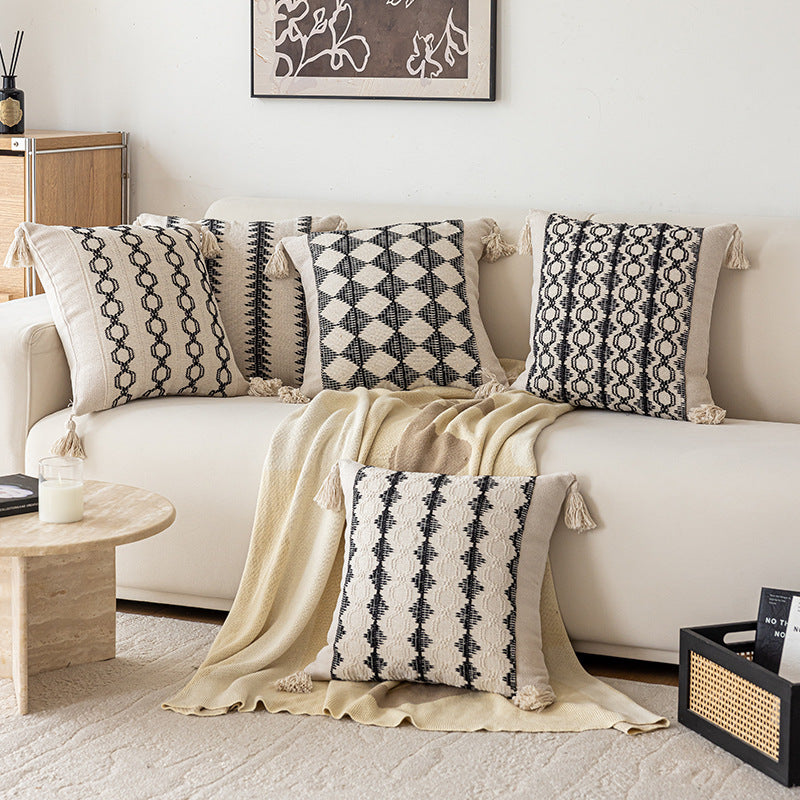 Geometric Handwoven Cotton Throw Pillow with Tassel Corners and Textured Diamond Pattern