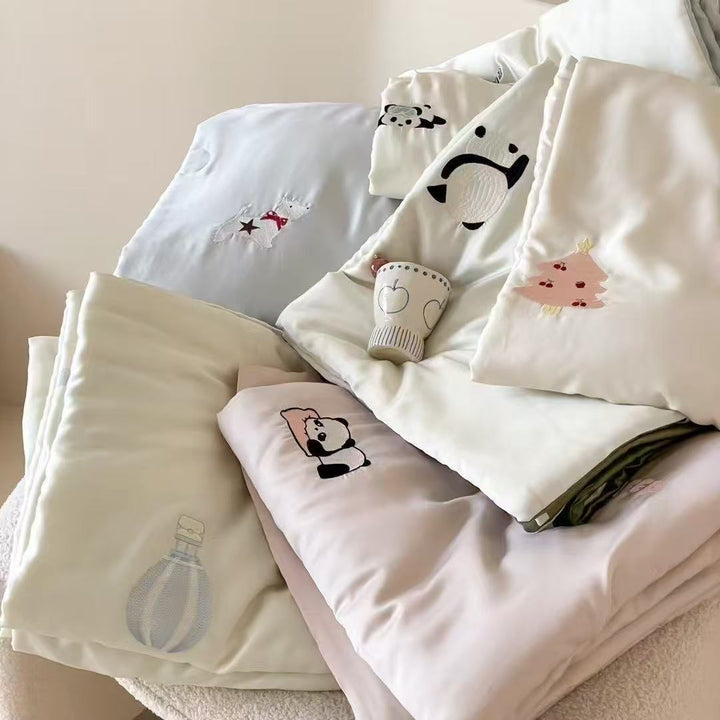 Silky shiny satin bedding set with cute panda embroidery