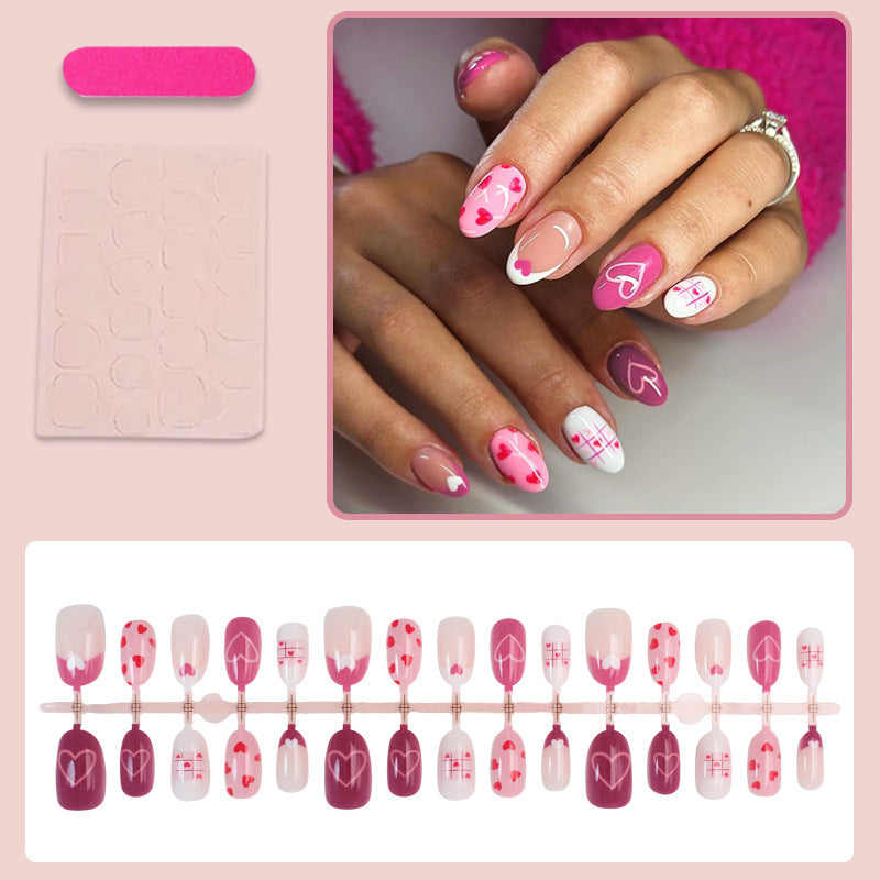 Acrylic nail set with romantic heart motif and creative patterns Kalsten