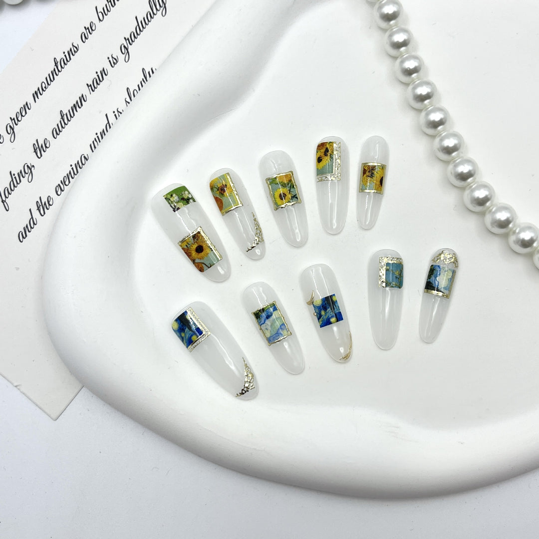 Artistic Press-On Nail Set with Floral and Scenic Designs