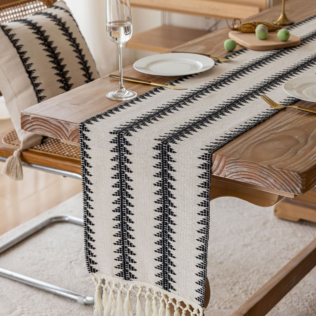 Handwoven Bohemian Cotton Table Runner with Fringe Tassels and Geometric Embroidery