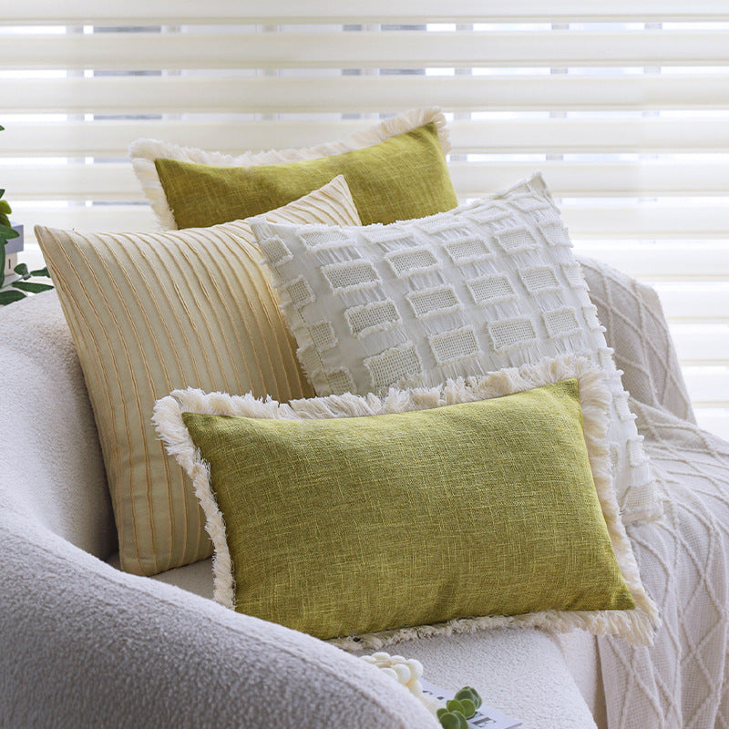 Rectangular cushion cover with woven linen look and decorative fringed edge Kalsten