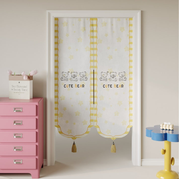 Kids Decorative Split Doorway Noren Curtain with Tassels and Cartoon Floral Lion Print