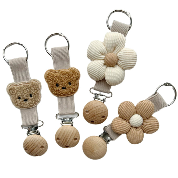 Plush Teddy Bear Pacifier and Teether Holder Strap with Wooden Safety Clip