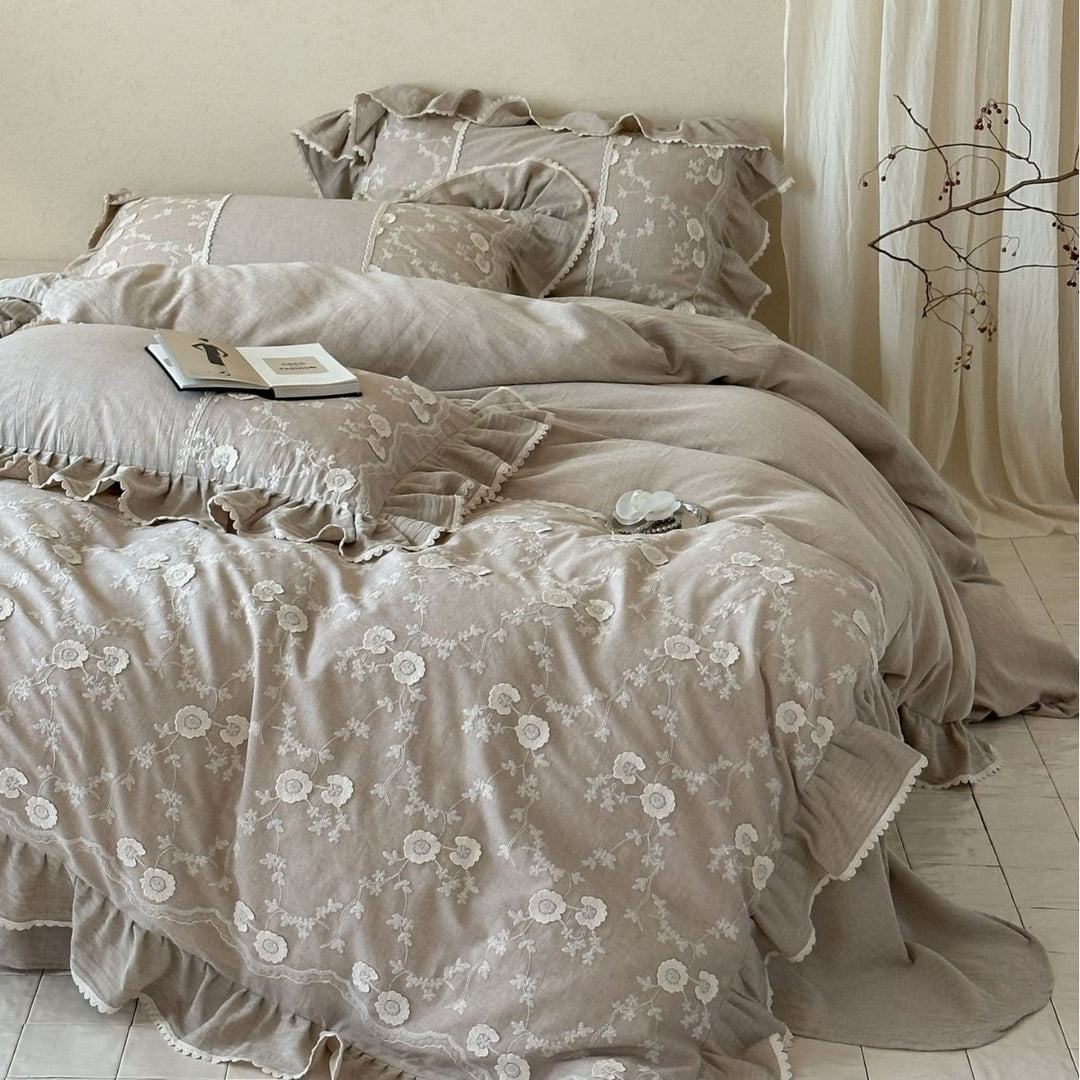 Linen bedding set with floral embroidery, ruffle and bed skirt
