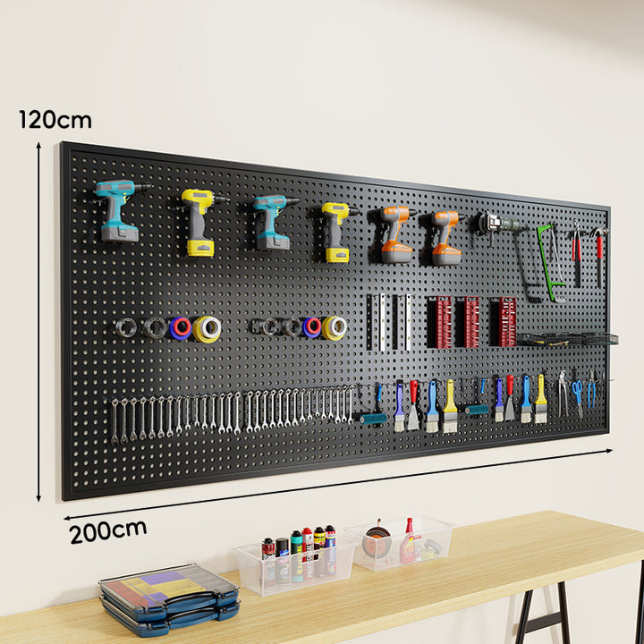 Wall-Mounted Perforated Metal Tool Pegboard Organizer Panel with Modular Hooks and Wire Baskets