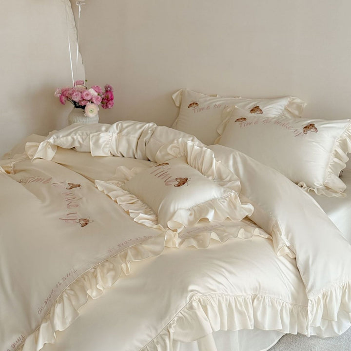 Elegant Ruffled Duvet Cover Set with Embroidered Butterfly Motifs and Silky Shine Surface