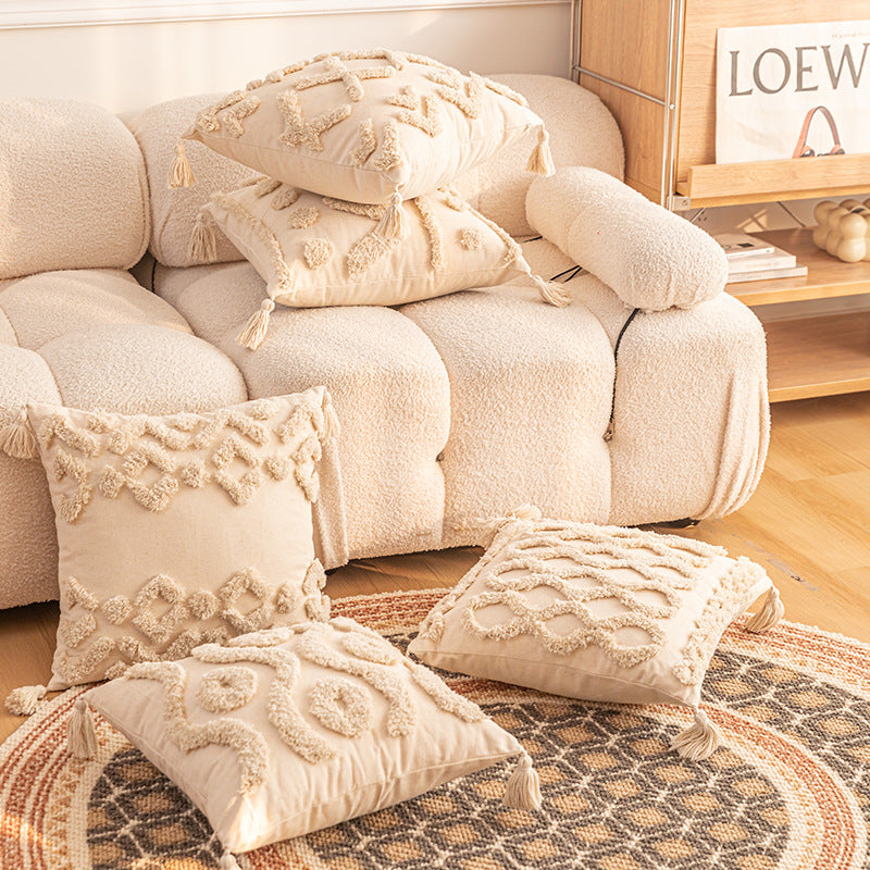 Textured Tufted Boho Shag Accent Throw Pillow with Tasseled Corners and Removable Cover