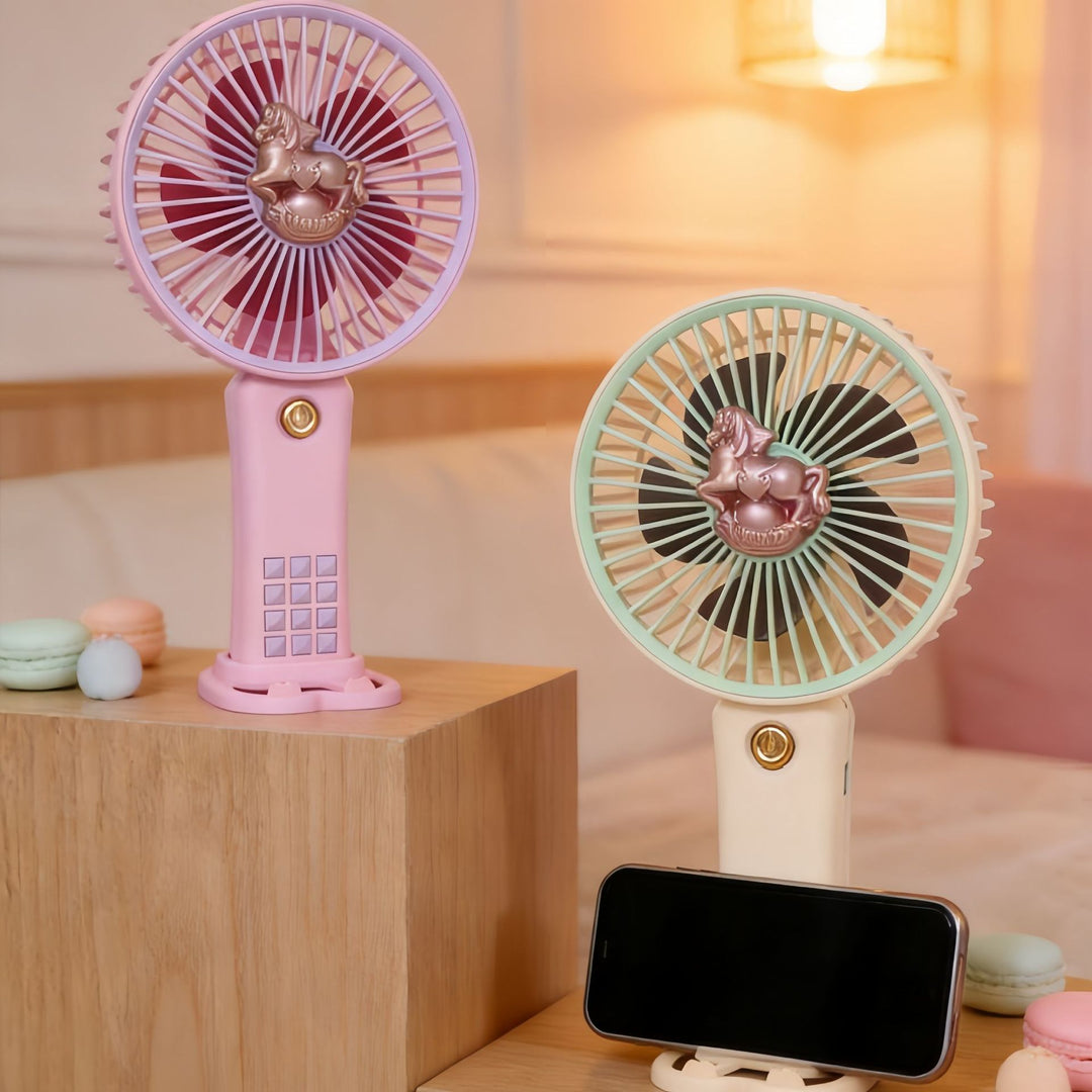 Ladies portable hand fan with playful horse motif Kalsten
