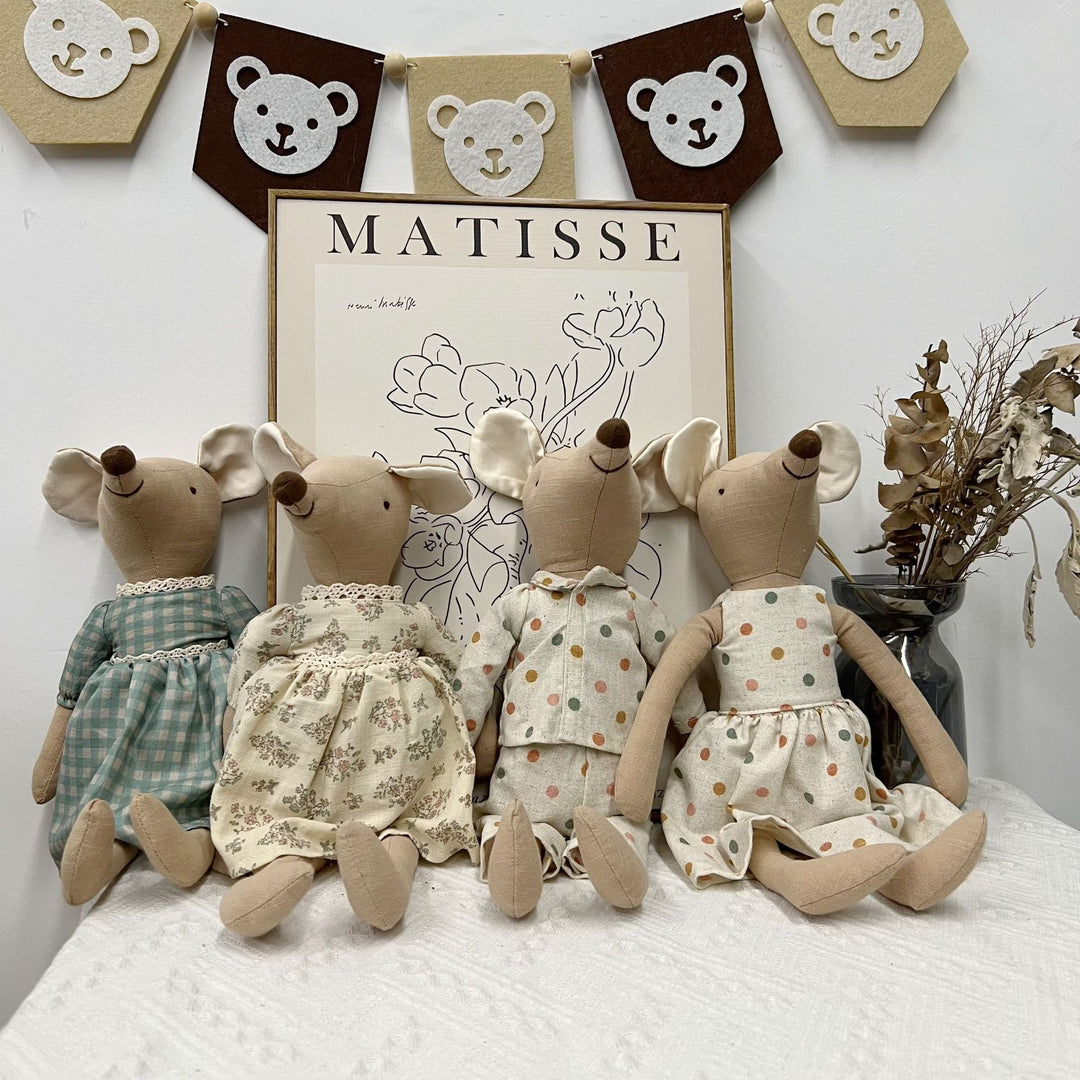 Handcrafted Linen Elephant Plush Doll with Long Limbs and Polka Dot Cotton Dress