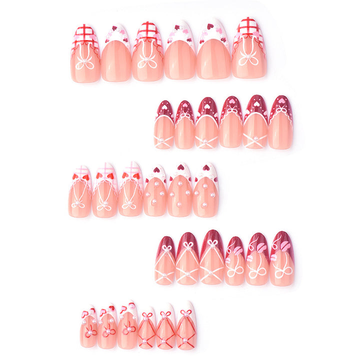 Decorative Press-On Nail Set with Heart and Bow Designs