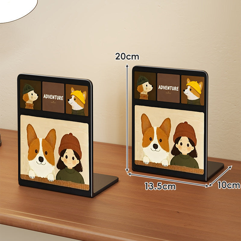 L-Shaped Metal Desktop Bookend with Integrated Photo and Card Display