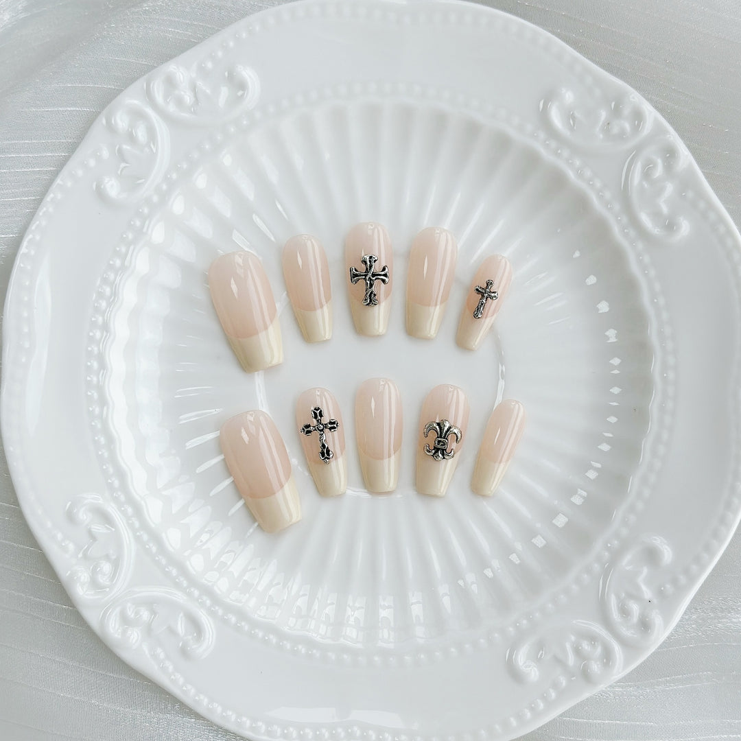 Artisanal Press-On Nails with Cross and Fleur-de-Lis Design