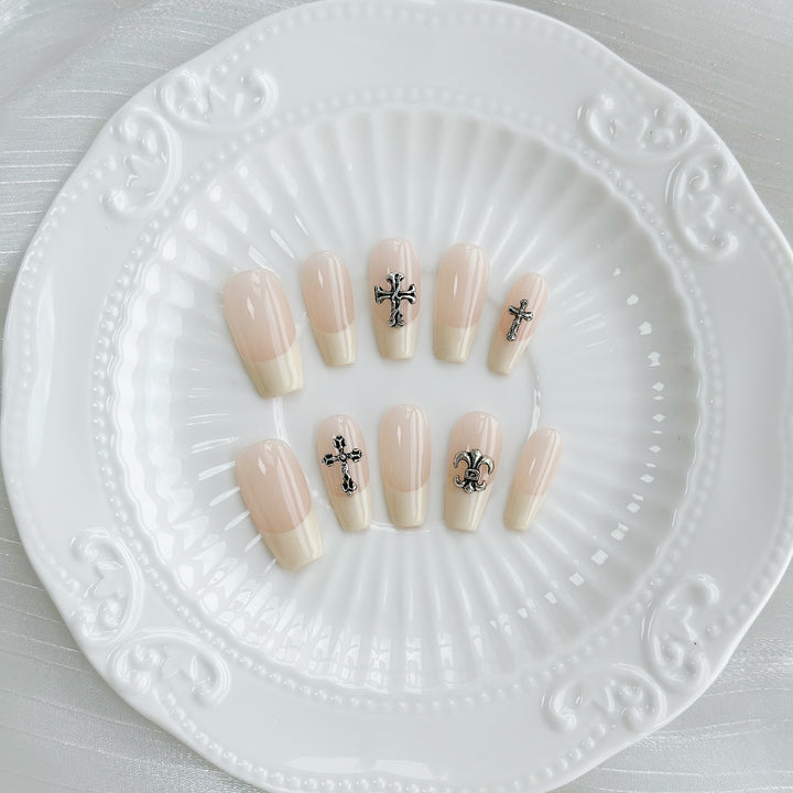Artisanal Press-On Nails with Cross and Fleur-de-Lis Design