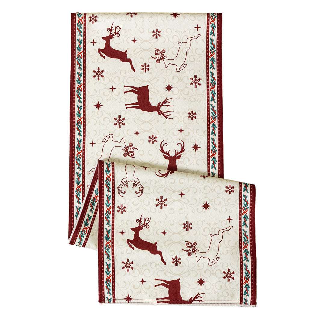 Christmas table runner with jacquard reindeer motifs and decorative border edge