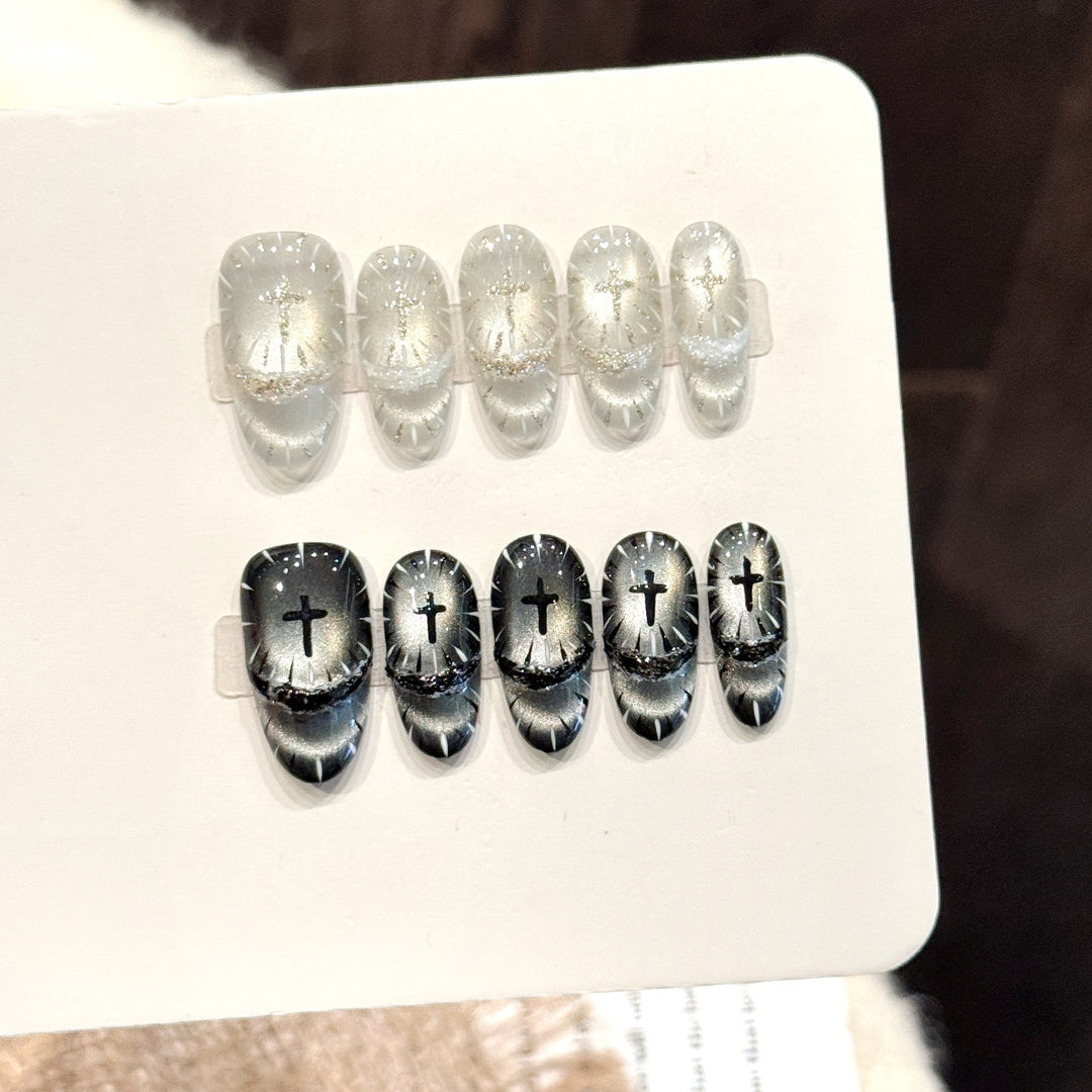 Artistic Press-On Nail Set with Gothic Patterns