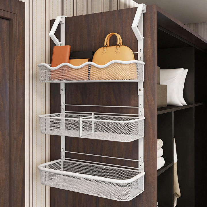 Over-the-Door Metal Grid Hanging Organizer with Four Stackable Baskets and Hooks