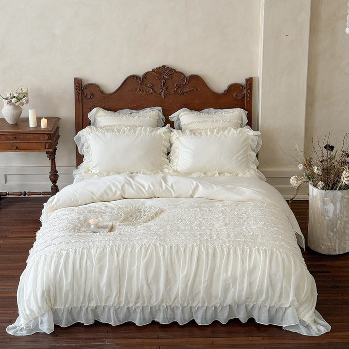 Romantic bedding complete set with ruffled bedspread, ruffle bed skirt, and decorative pillow