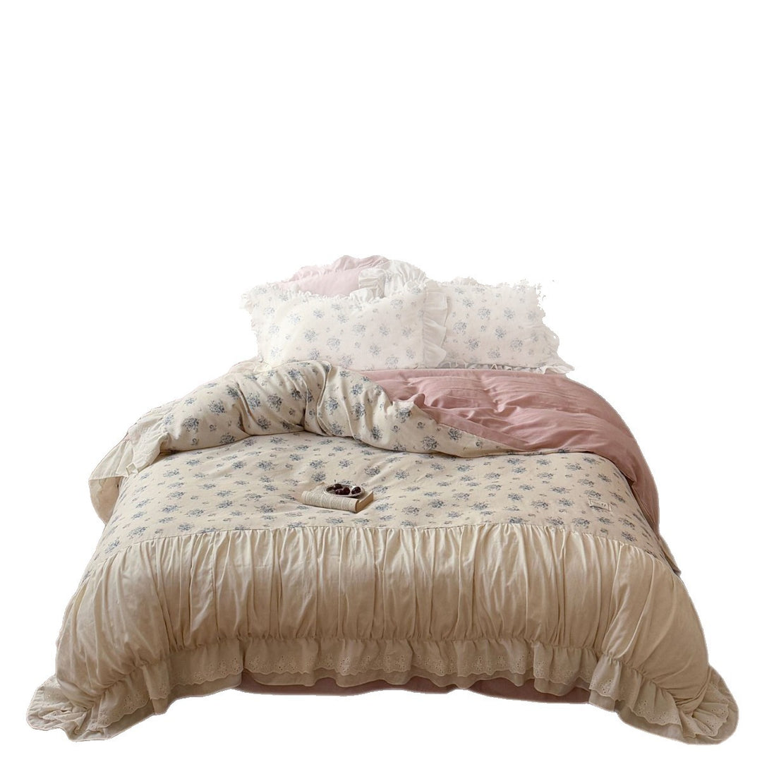 Romantic vintage bedding set with ruffle, floral print, and softly quilted comforter