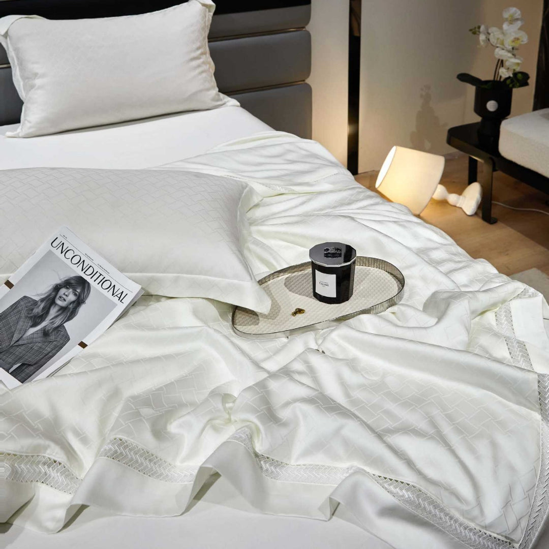 Satin-Duvet cover set with woven check jacquard and decorative border