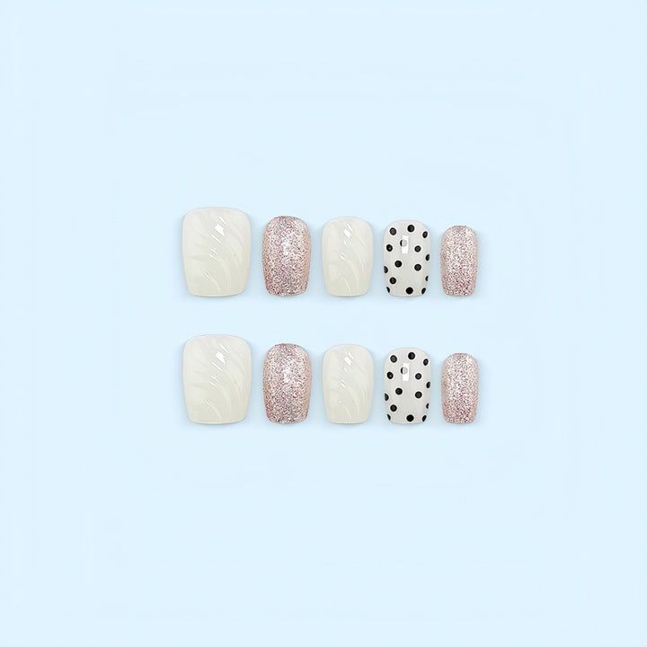 Artificial nail set with elegant glitter and dot design Kalsten