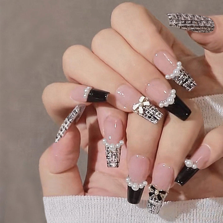 Decorative Press-On Nail Set with Pearl and Bow Accents