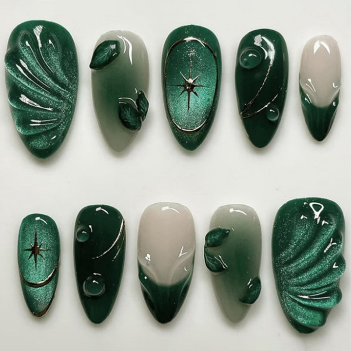 Artistic Press-On Nail Set with Botanical Designs