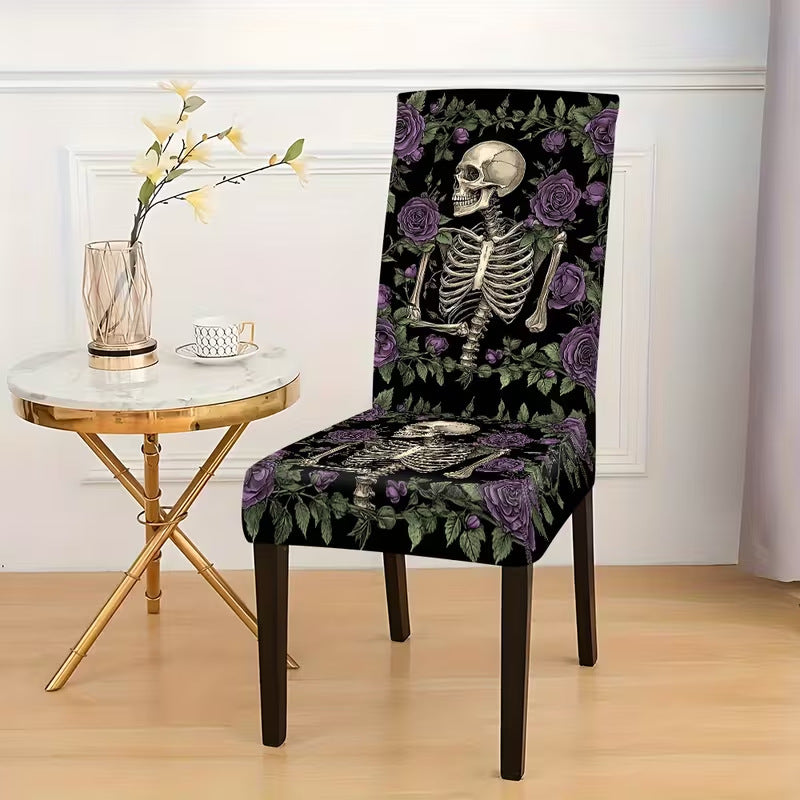 Premium Stretch Chair Cover for Dining Chairs with Victorian Skeleton and Rose Print