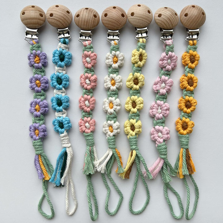 Macramé Flower Pacifier Clip with Wooden Safety Clamp