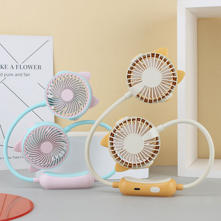 Unisex portable double-neck fan with flexible gooseneck, rechargeable battery and quiet motor Kalsten