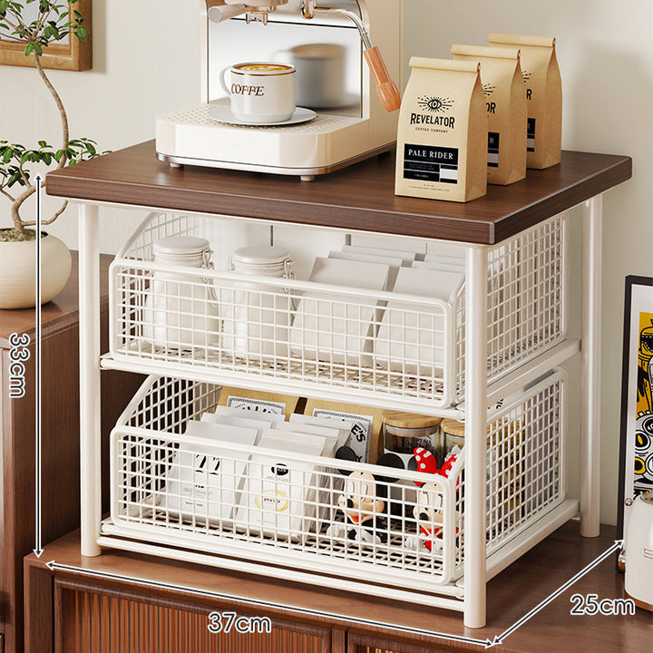 Countertop Wooden-Top Sliding Mesh Storage Basket Organizer with Metal Frame