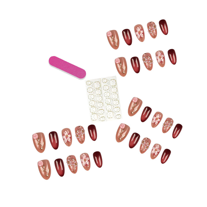 Artistic Press-On Nail Art Set with Floral Accents