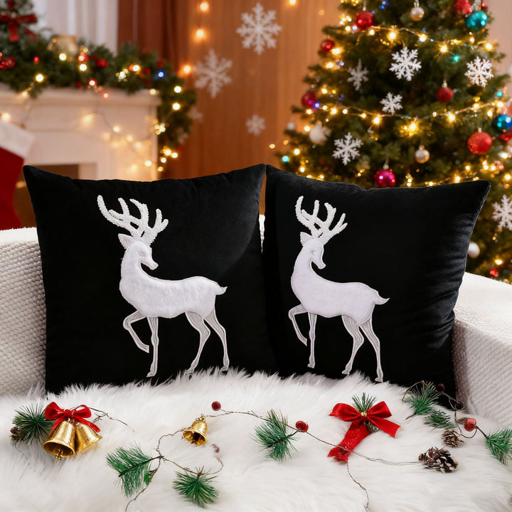 Velvet Embroidered Festive Accent Pillow Cover with Metallic Script