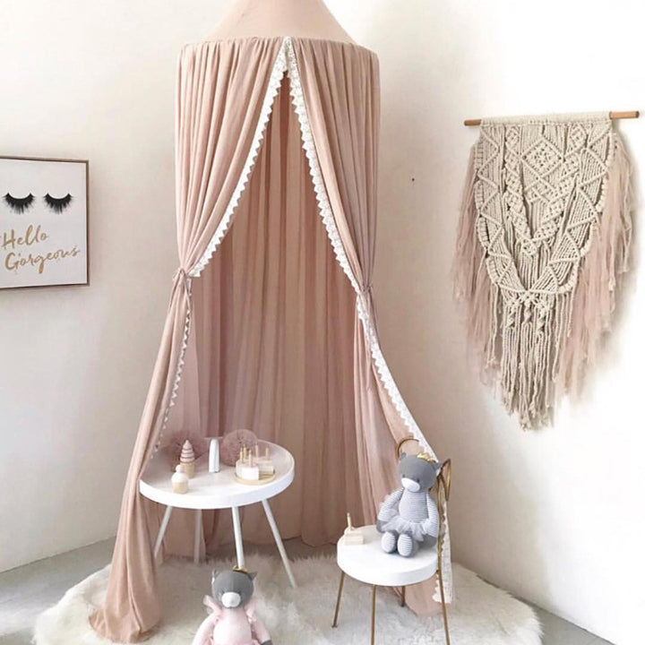 Decorative Ceiling-Mounted Play Canopy with Lace-Trim Sheer Drapes