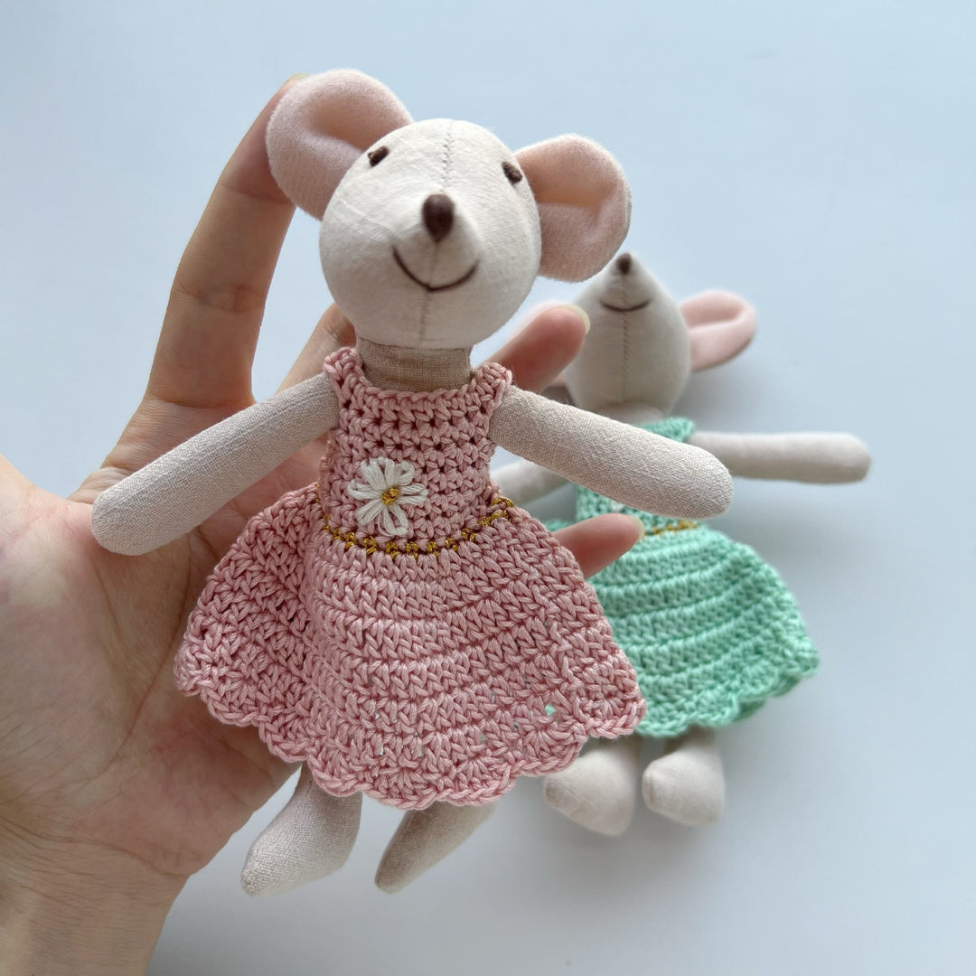 Handcrafted Cotton Plush Mouse Doll with Crochet Dress