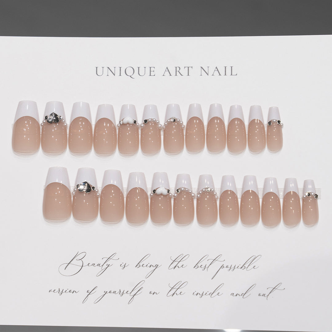 Decorative Press-On Nail Art Set with Heart and Rhinestone Accents