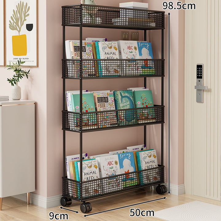 Freestanding Four‑Tier Metal Mesh Book and Display Shelf Rack