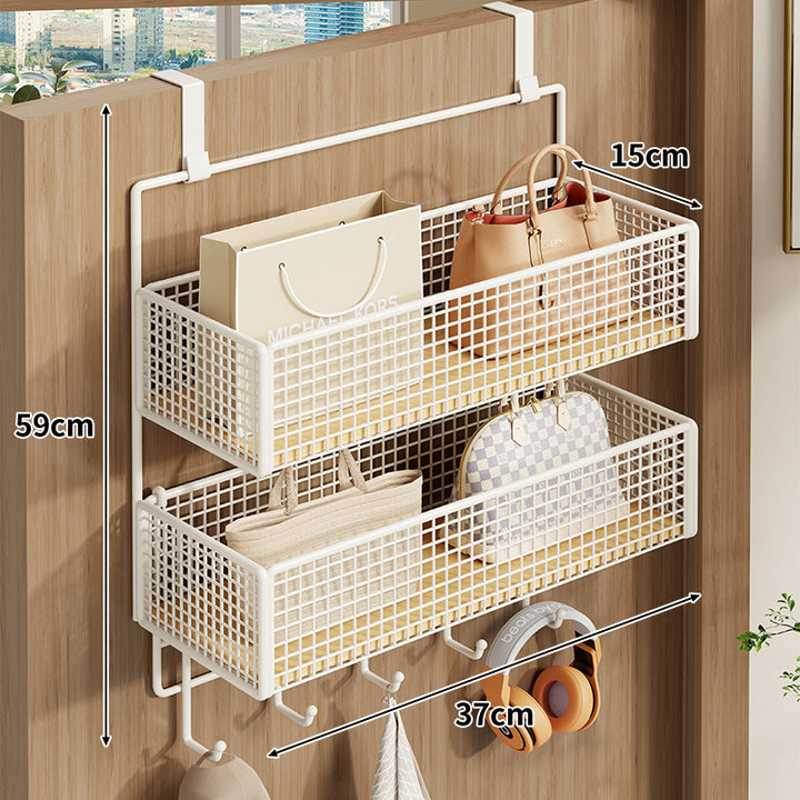 Over-Door Double Mesh Storage Rack with Multi Hooks